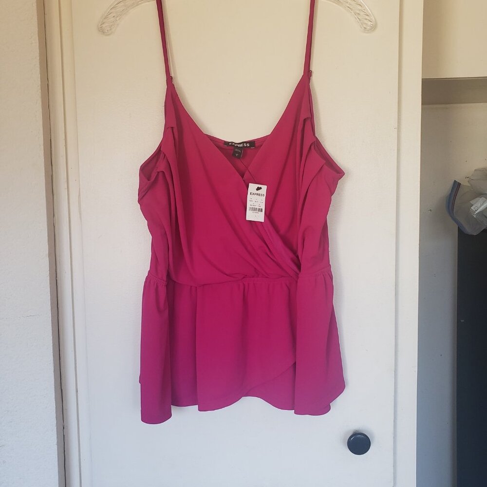 Express Fuchsia Pink Wrap Peplum Spaghetti Strap Blouse